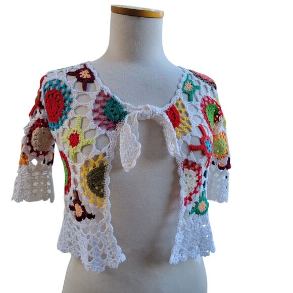 Crafty VTG Style Crochet Granny Flowers Crop Cardigan SM Multi Festival - Picture 13 of 16
